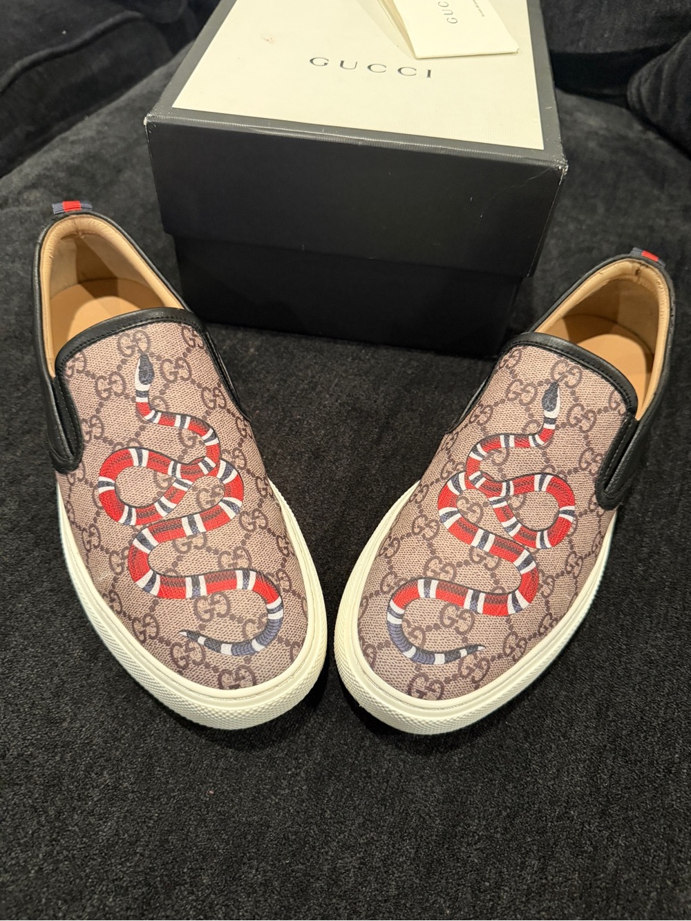 Gucci Brown GG Canvas Slip-On Sneakers with Red & White Snake